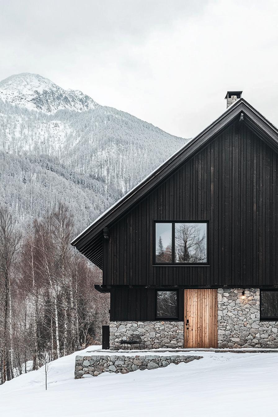 barn style modern mountain house with stone foundation rustic slatted facade barn door with rusted accents imposing Scandinavian mountains in the background winter 3