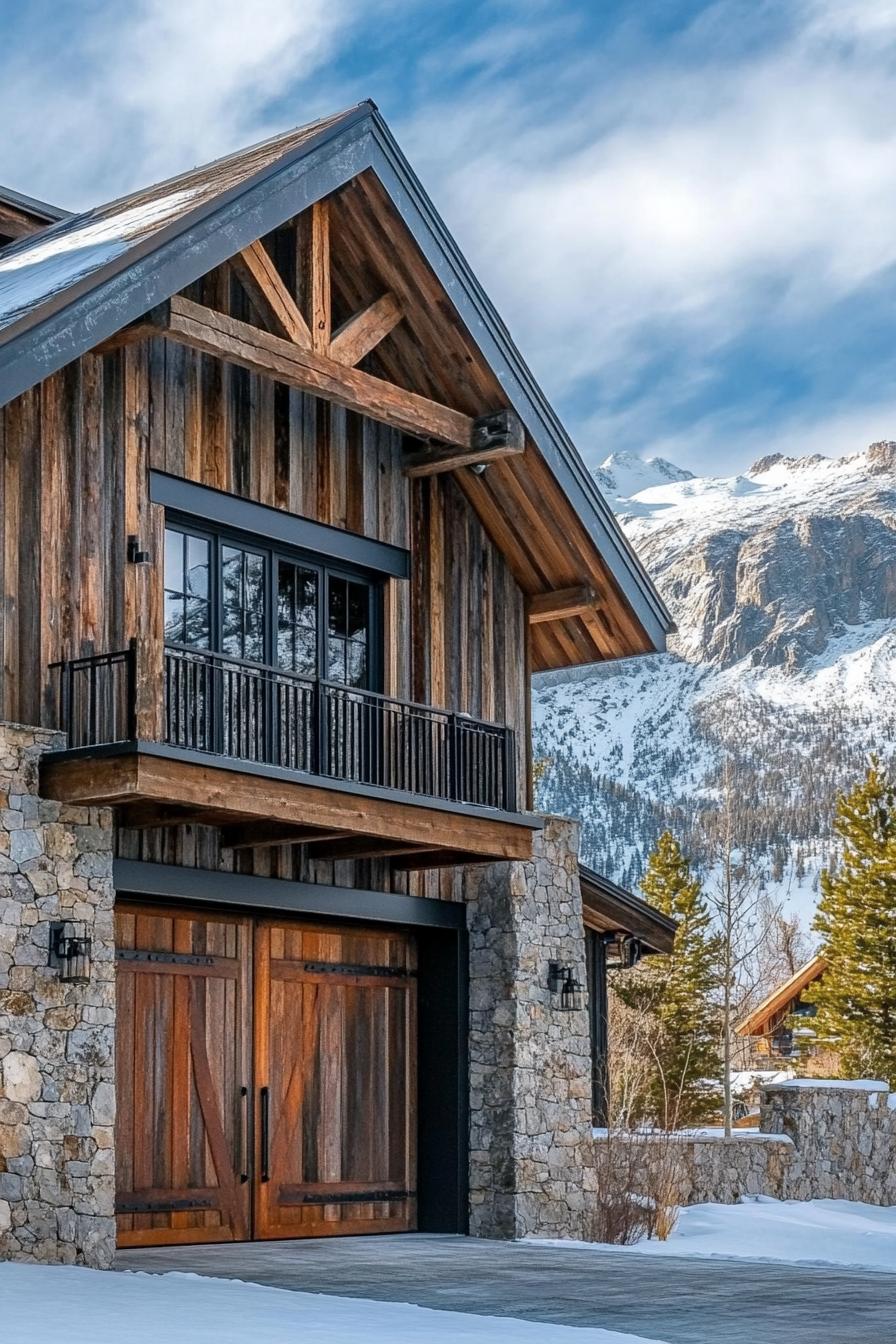 barn style modern mountain house with stone foundation rustic slatted facade barn door with rusted accents imposing Scandinavian mountains in the background winter