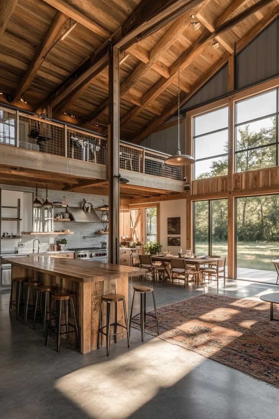 barndominium open plan kitchen with rustic and modern elements 1