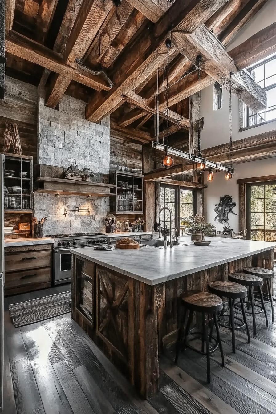 barndominium open plan kitchen with rustic and modern elements