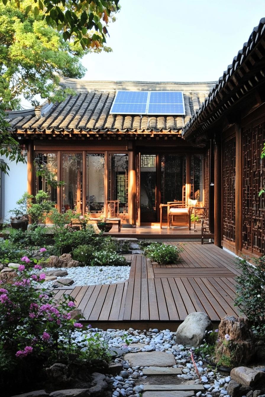 chinese inner courtyard wooden deck wooden furniture garden rocks flower bushes chinese detailing solar panel visible on the roof 1