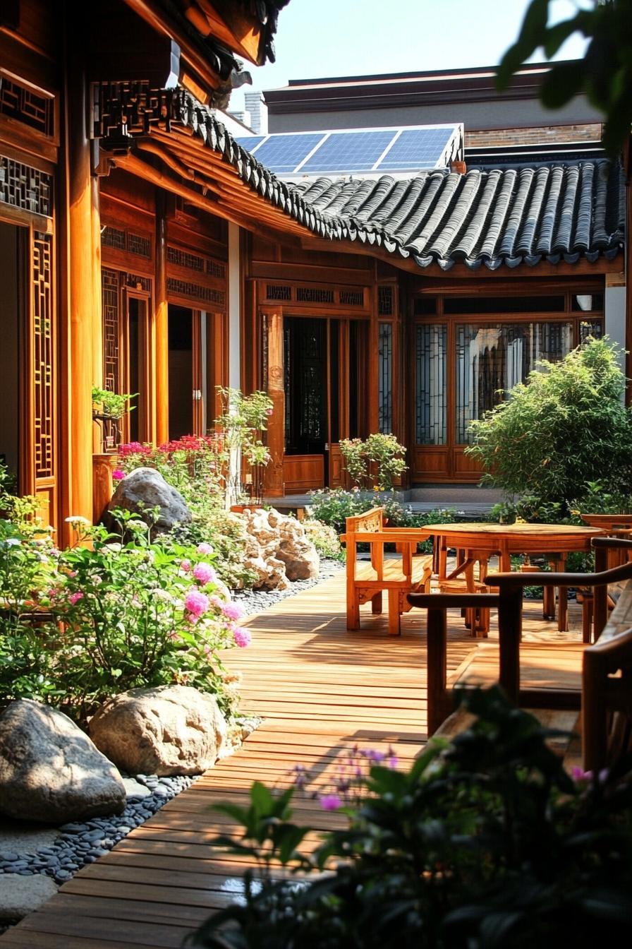 chinese inner courtyard wooden deck wooden furniture garden rocks flower bushes chinese detailing solar panel visible on the roof 2