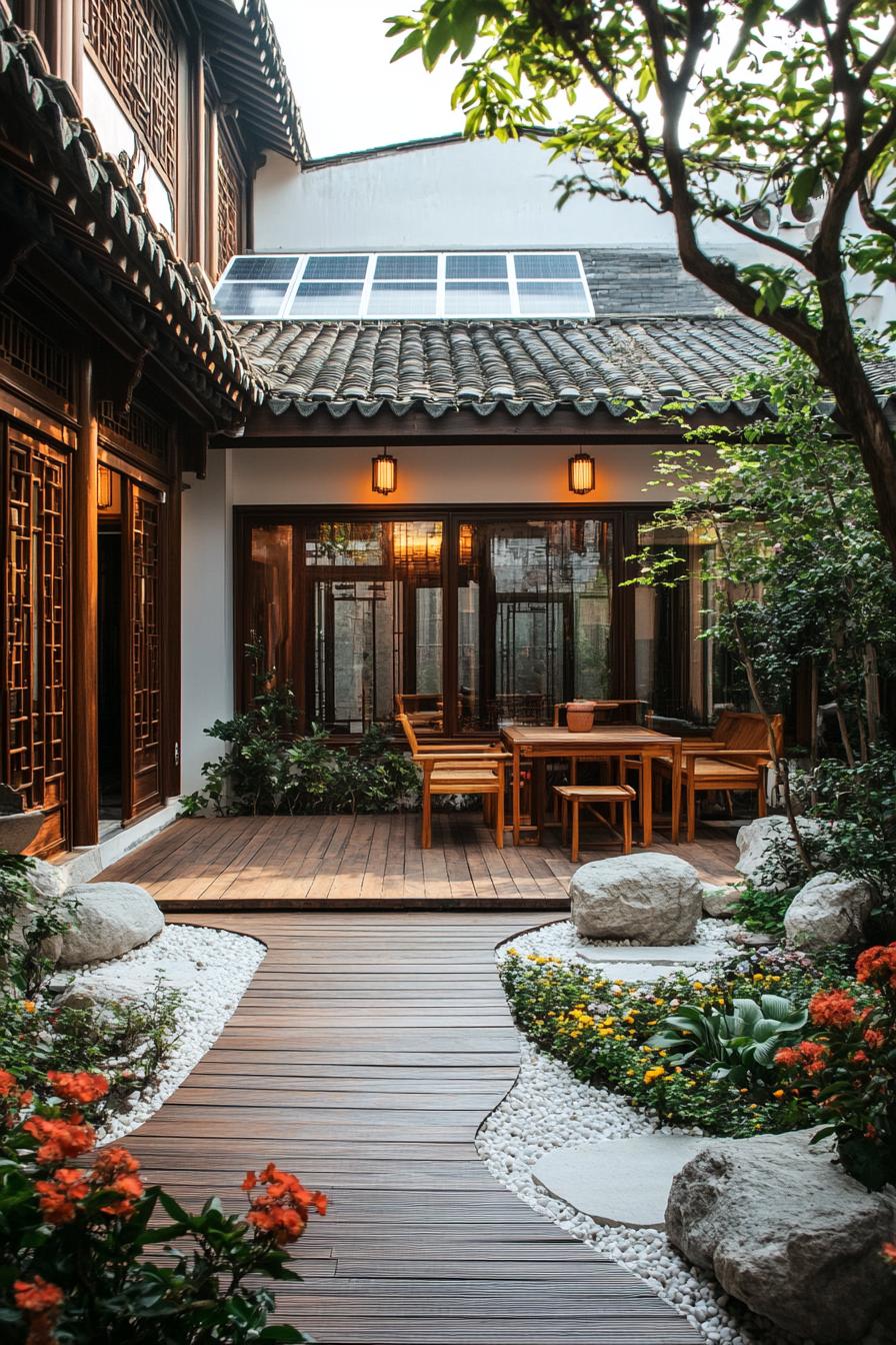 chinese inner courtyard wooden deck wooden furniture garden rocks flower bushes chinese detailing solar panel visible on the roof 3