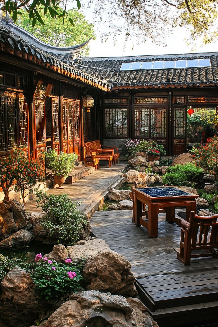 chinese inner courtyard wooden deck wooden furniture garden rocks flower bushes chinese detailing solar panel visible on the roof