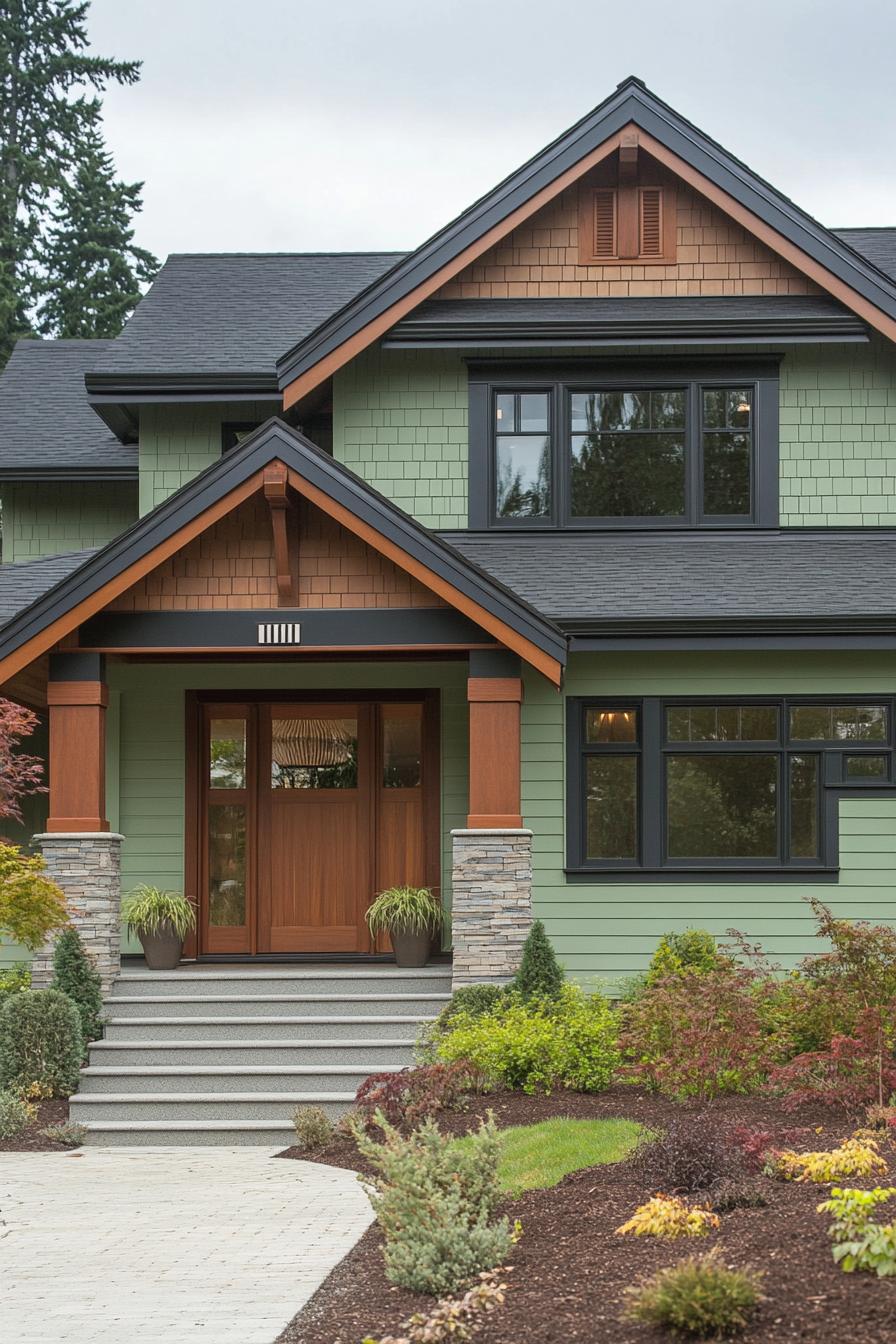 craftsman house with mint green siding dark multi pitched roof entryway with step and columns landscape with shrubs and small trees 1