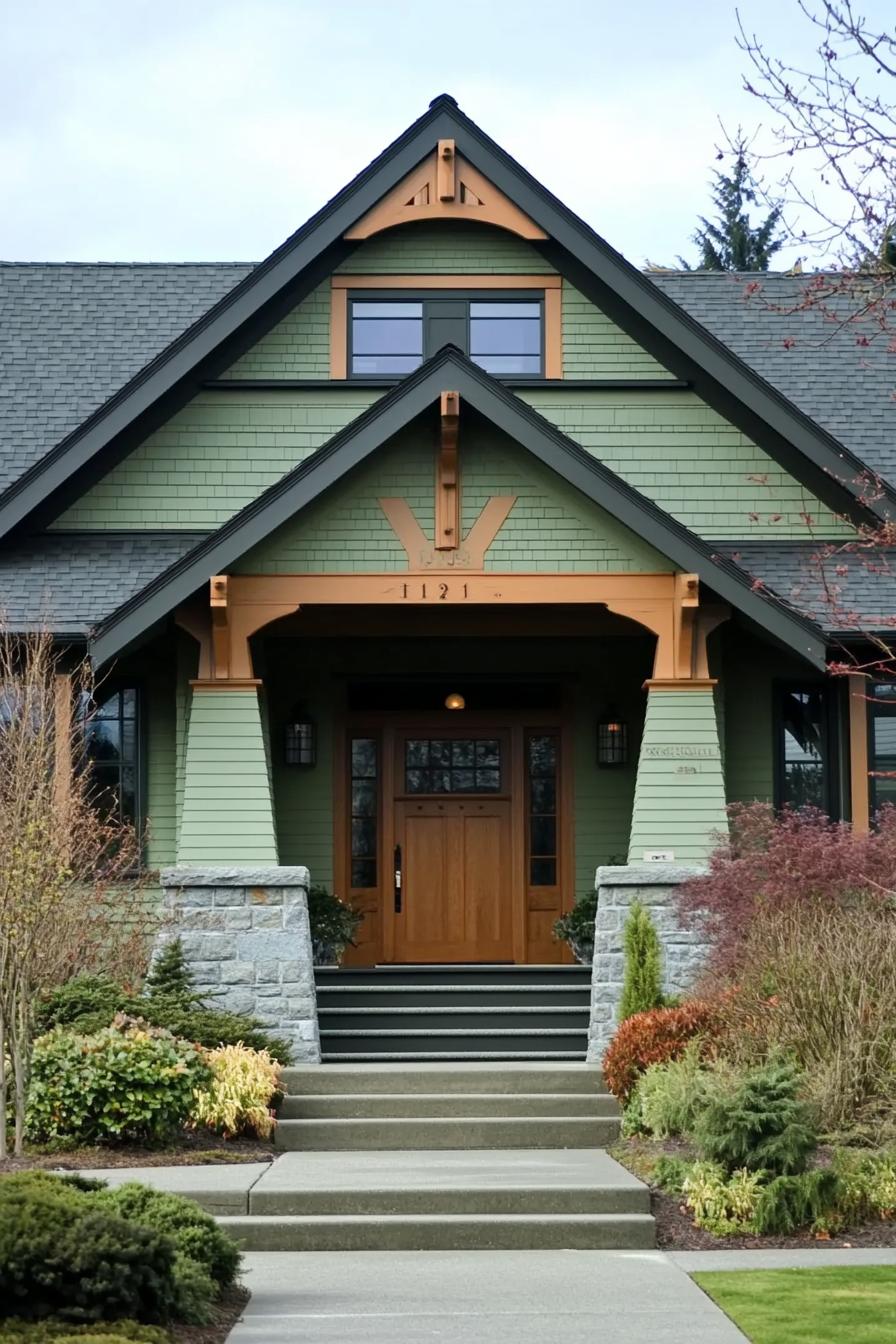 craftsman house with mint green siding dark multi pitched roof entryway with step and columns landscape with shrubs and small trees