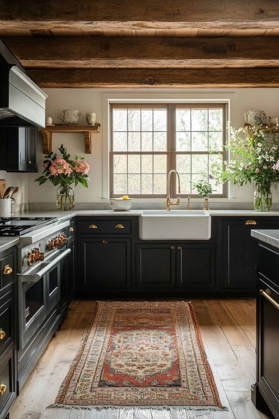 dark cottagecore kitchen with rustic ceiling beams hardwood floor runner rug apron sink large window with flower vases on the sill. dark cabinets