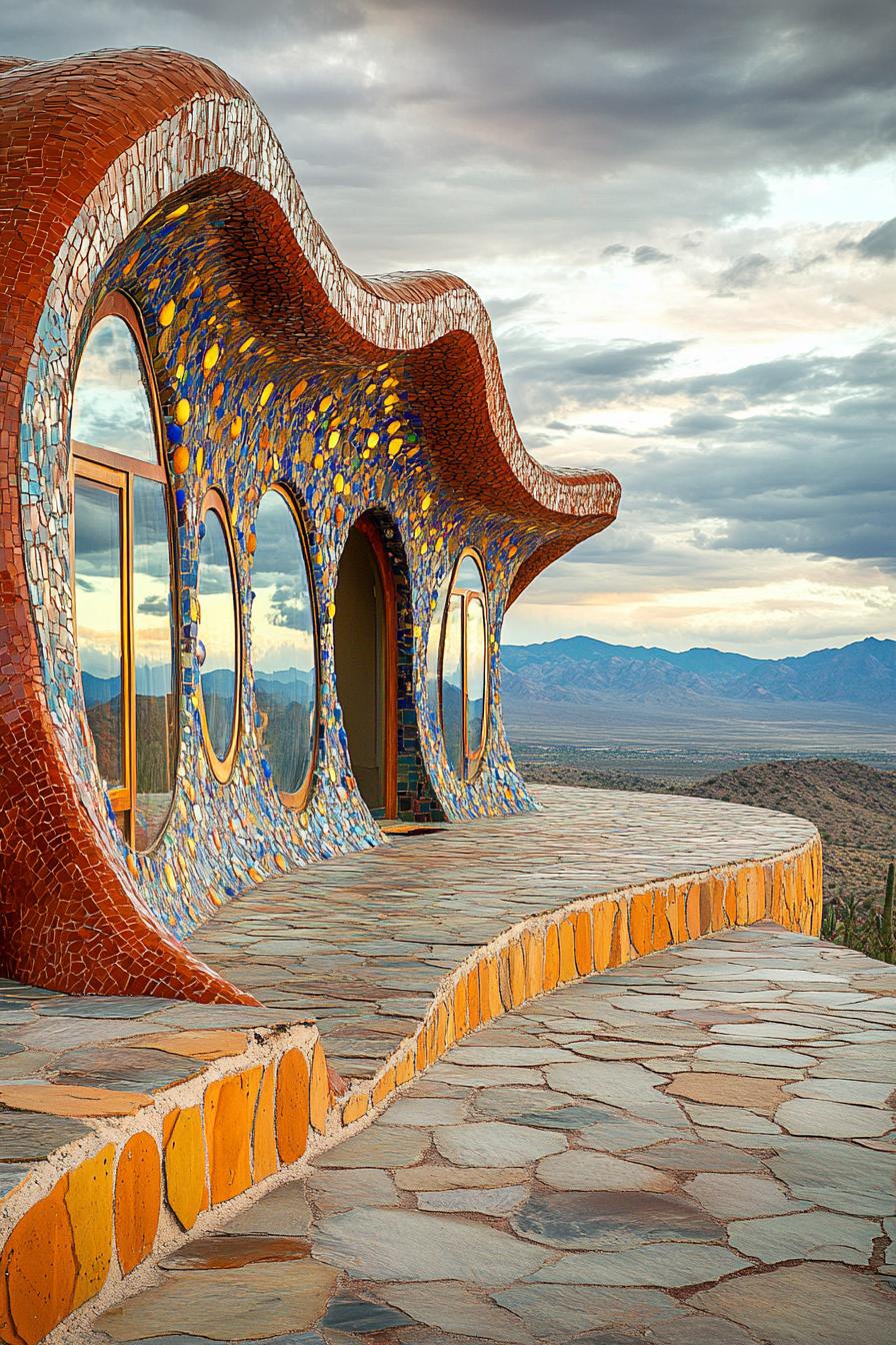 earthship house with crescent shaped facade and round windows mosaic details large deck paved with stones arid mountains and the background 1