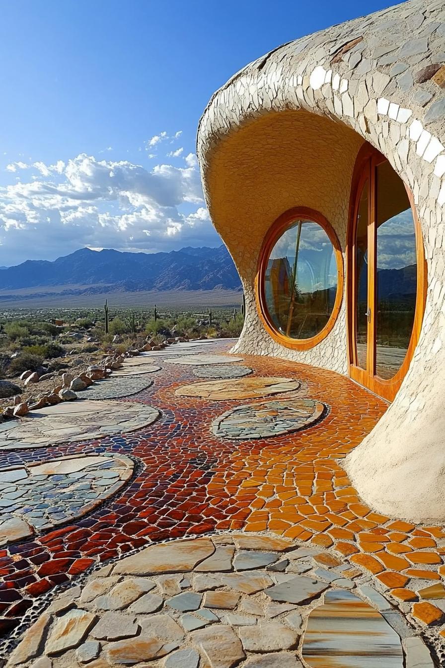 earthship house with crescent shaped facade and round windows mosaic details large deck paved with stones arid mountains and the background