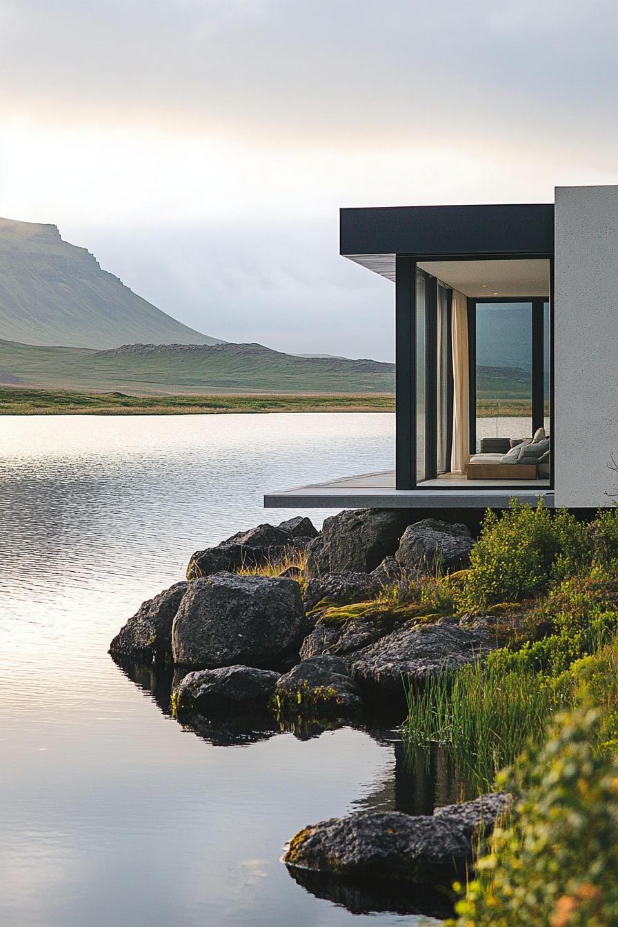 exterior of a modern cottage house on a shore of a stunning Icelandic lake 1