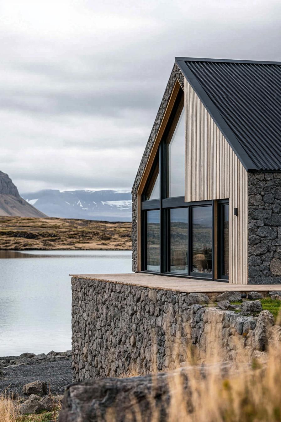 exterior of a modern cottage house on a shore of a stunning Icelandic lake 2