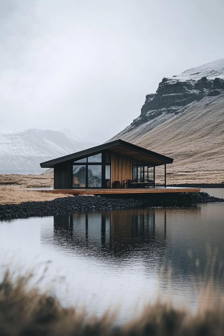 exterior of a modern cottage house on a shore of a stunning Icelandic lake 3