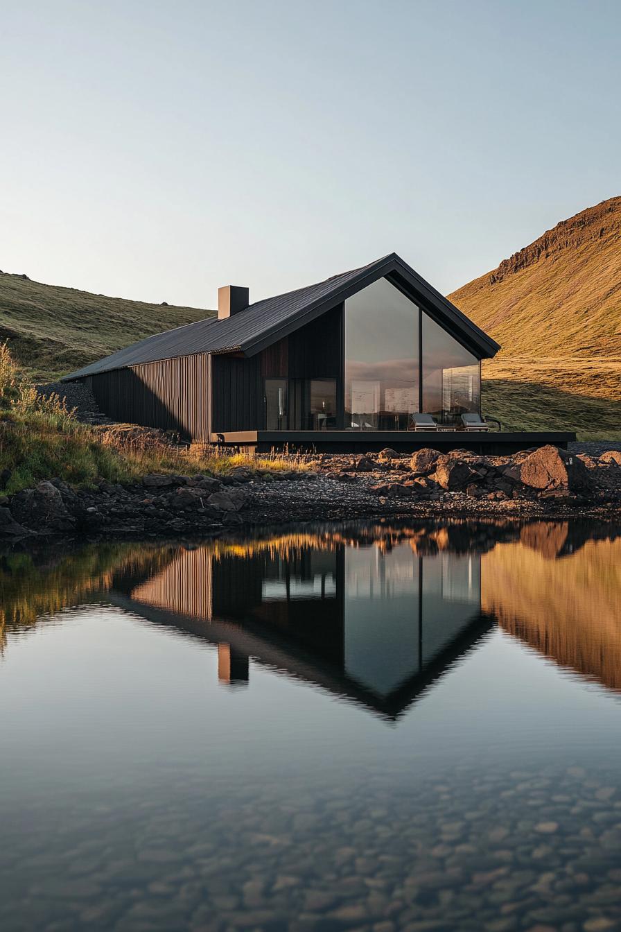 exterior of a modern cottage house on a shore of a stunning Icelandic lake