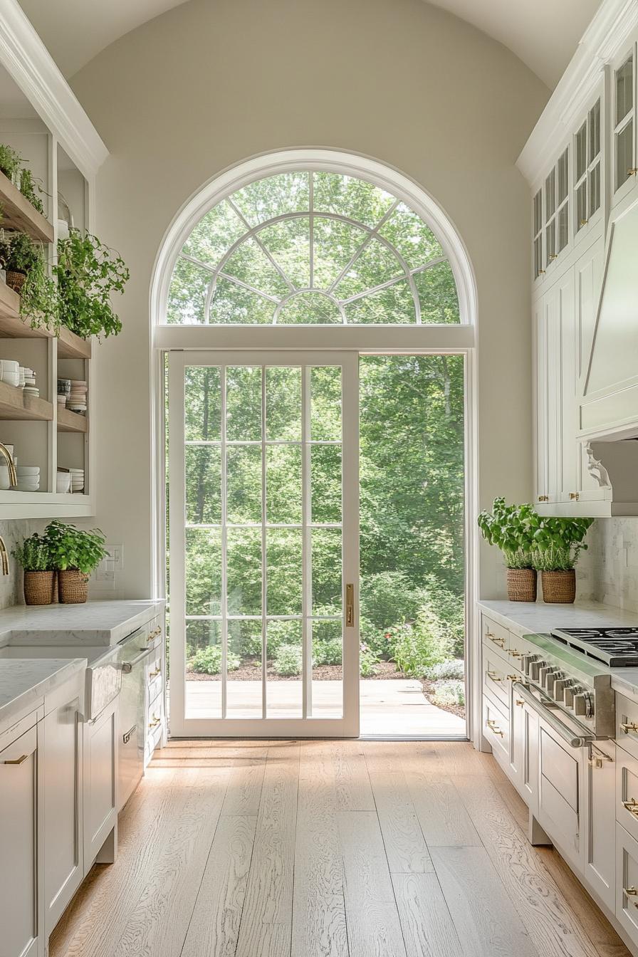 farmhouse modern kitchen with full wall white windows floor to ceiling glass arched door to a lush garden decorative molding white cabinets