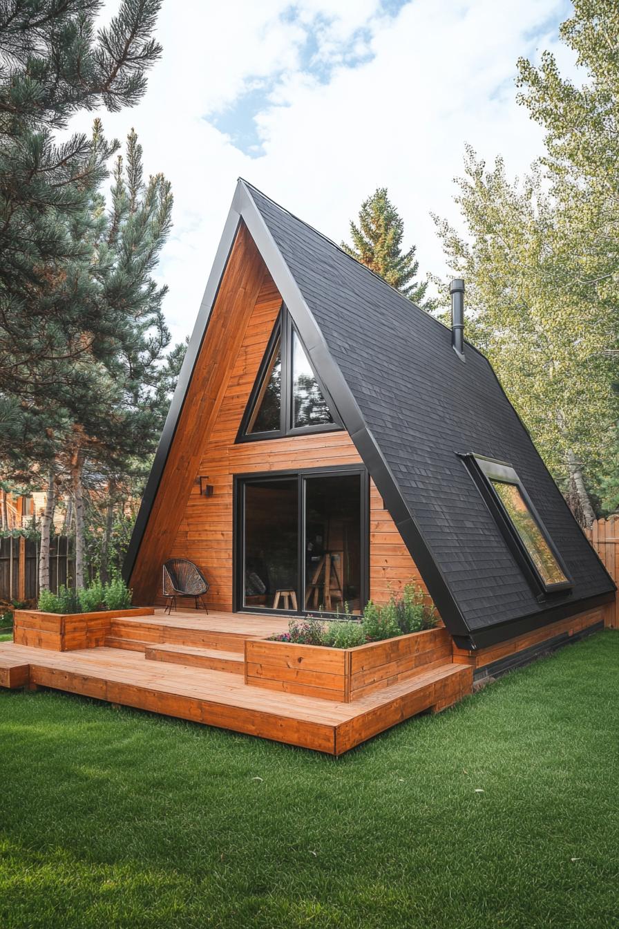 high angle view of a modern tiny prefab a frame cabin natural wood siding black roof tiny raised wooden deck with wooden planter boxes grass 1