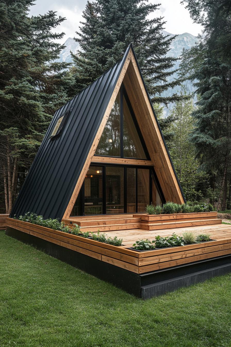 high angle view of a modern tiny prefab a frame cabin natural wood siding black roof tiny raised wooden deck with wooden planter boxes grass 2