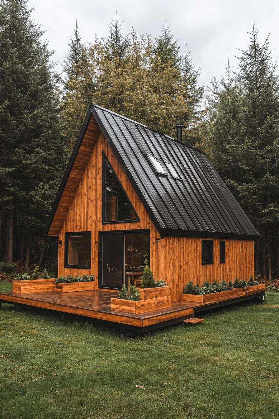 high angle view of a modern tiny prefab a frame cabin natural wood siding black roof tiny raised wooden deck with wooden planter boxes grass