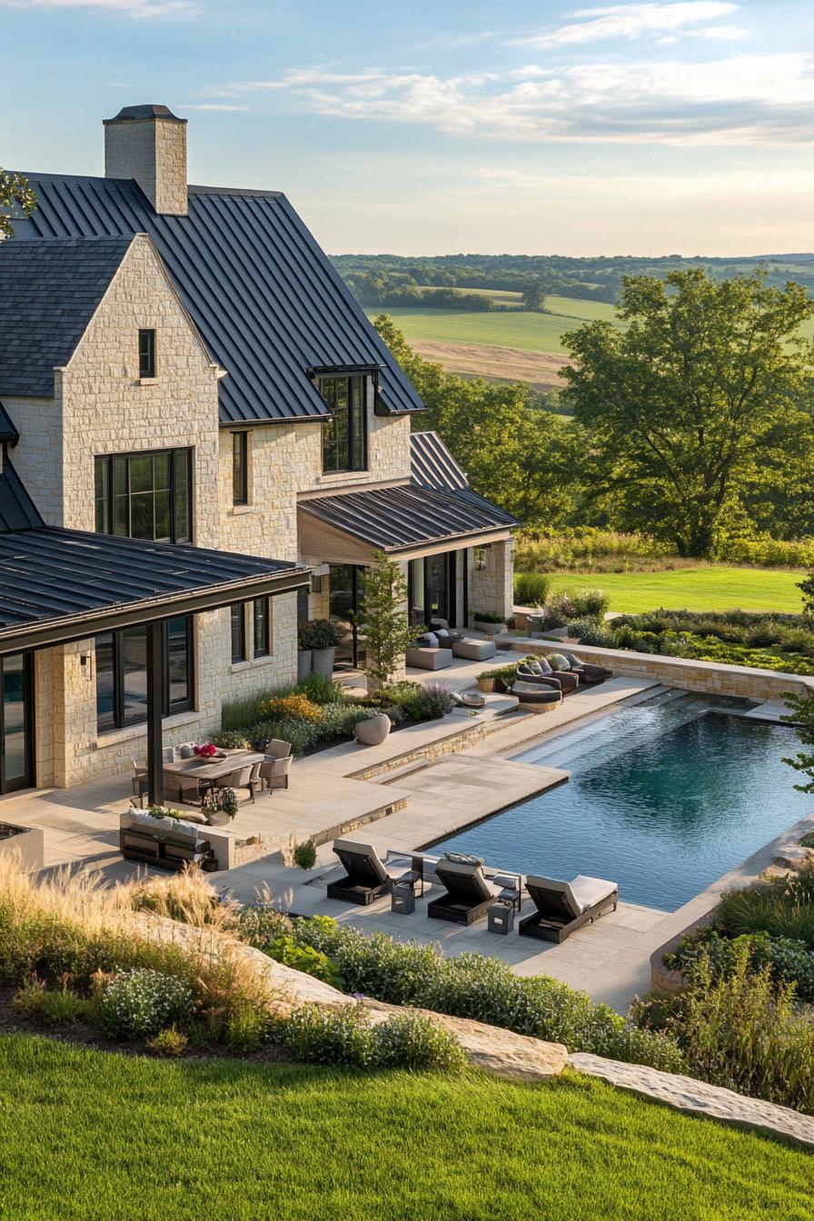 high angle view of modern farmhouse mansion with multi pitch roof pool seating areas hardscape lawn