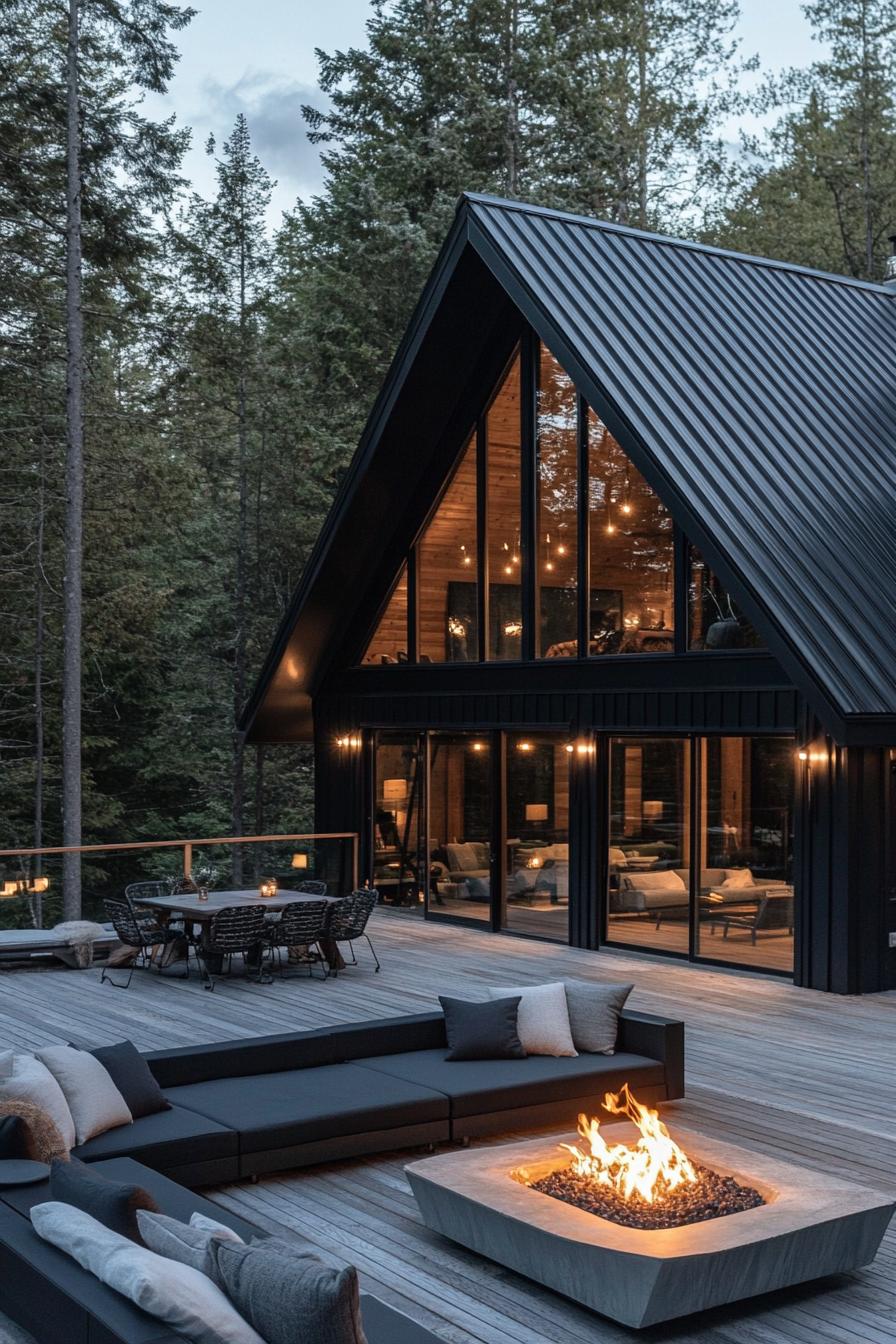 large a frame metal roof black house with natural wood accents large deck with firepit lounge furniture forest in the backdrop