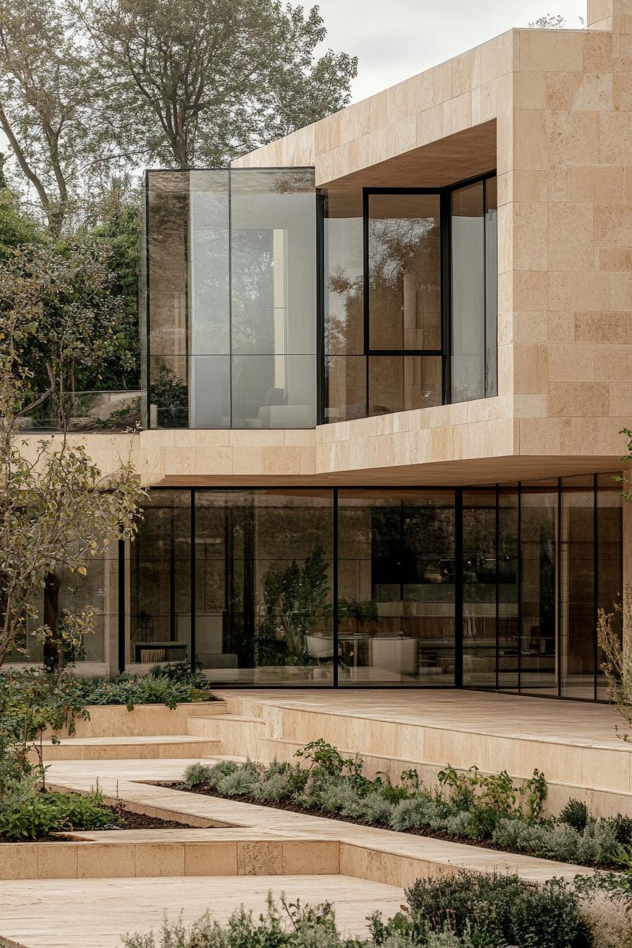 luxury modern geometric house in yellow limestone full wall glass windows limestone yard with plant trees and beds 1