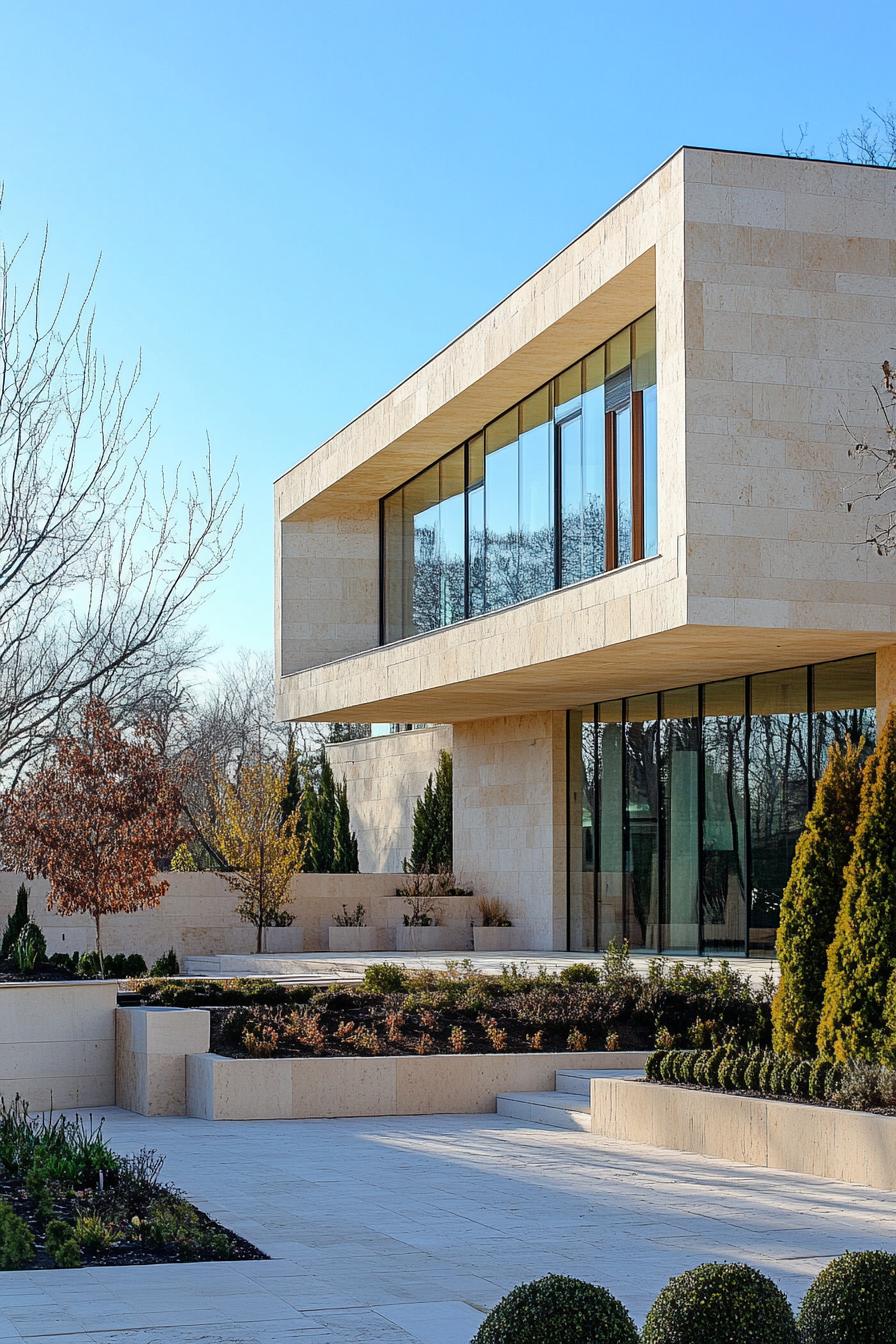 luxury modern geometric house in yellow limestone full wall glass windows limestone yard with plant trees and beds 2