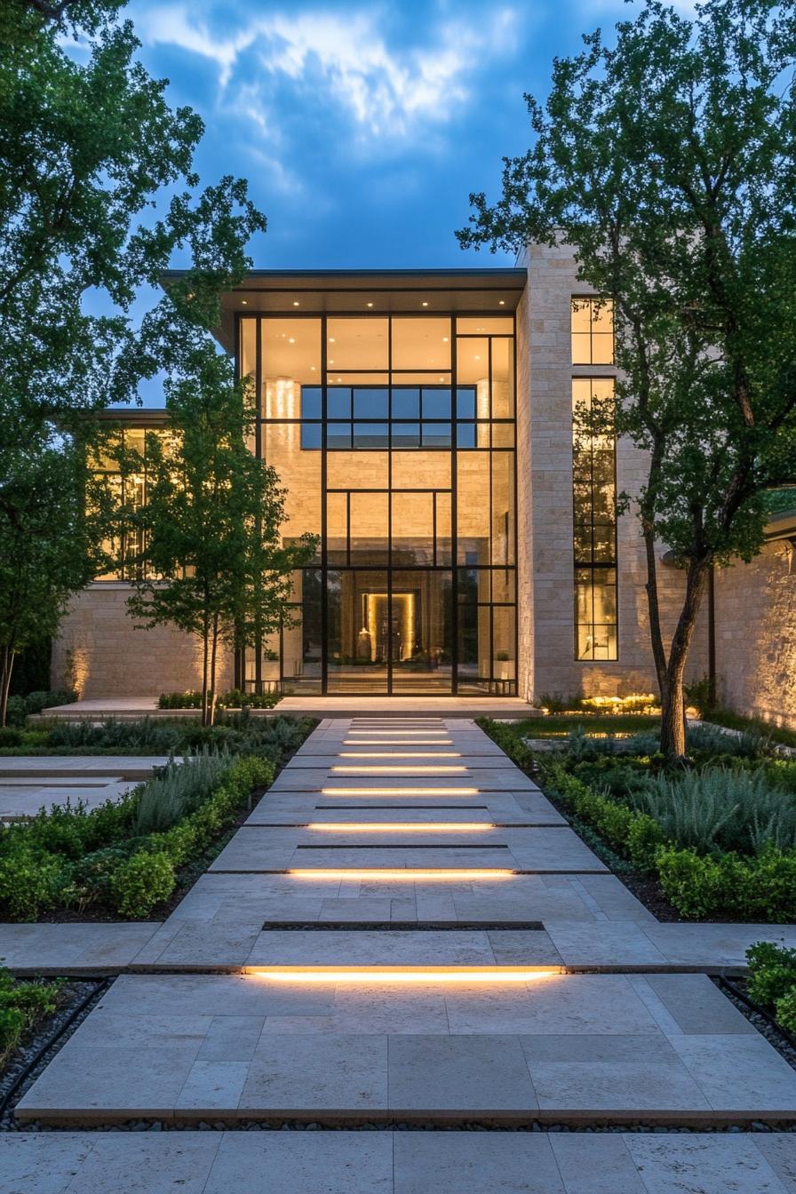 luxury modern geometric house in yellow limestone full wall glass windows limestone yard with plant trees and beds 3