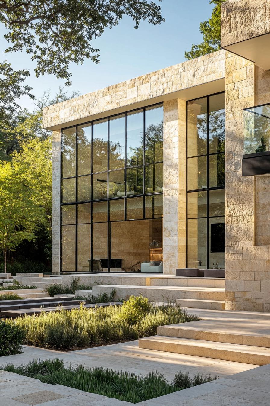 luxury modern geometric house in yellow limestone full wall glass windows limestone yard with plant trees and beds