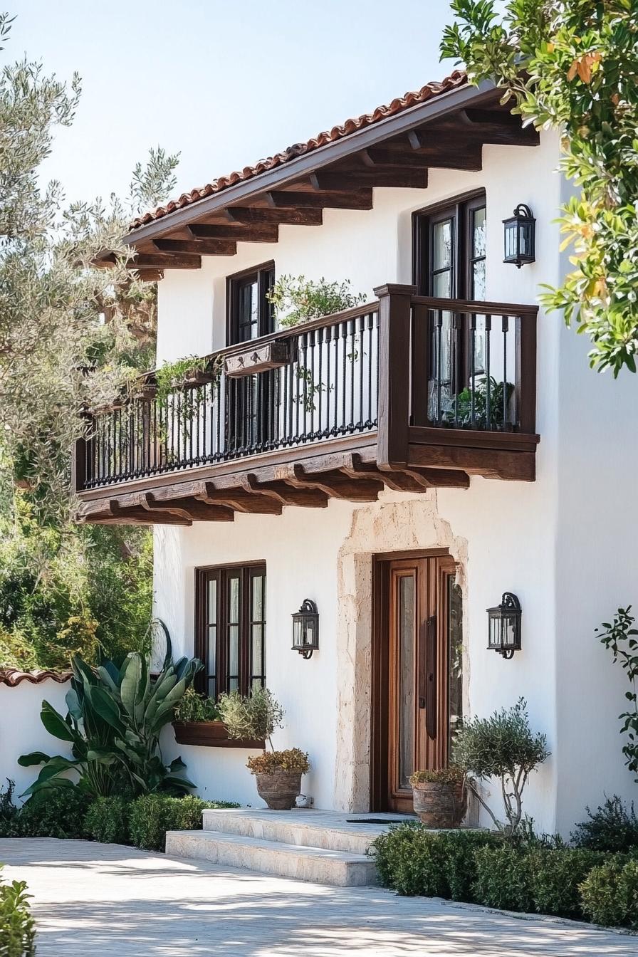 mid century modern and antique style house facade with stucco siding and wooden balconies mediterranean garden 1