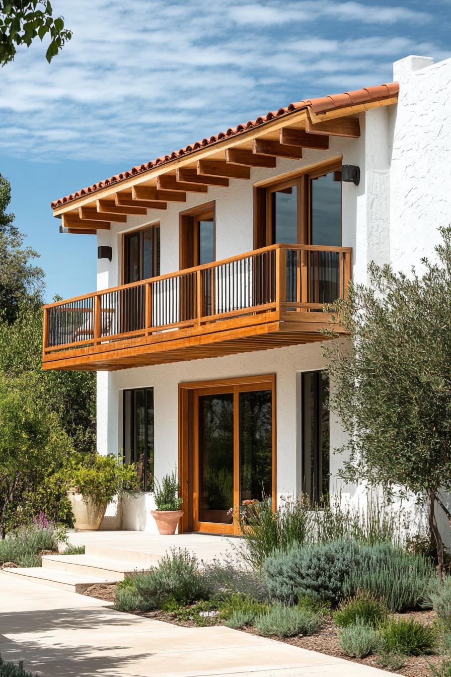 mid century modern and antique style house facade with stucco siding and wooden balconies mediterranean garden 2