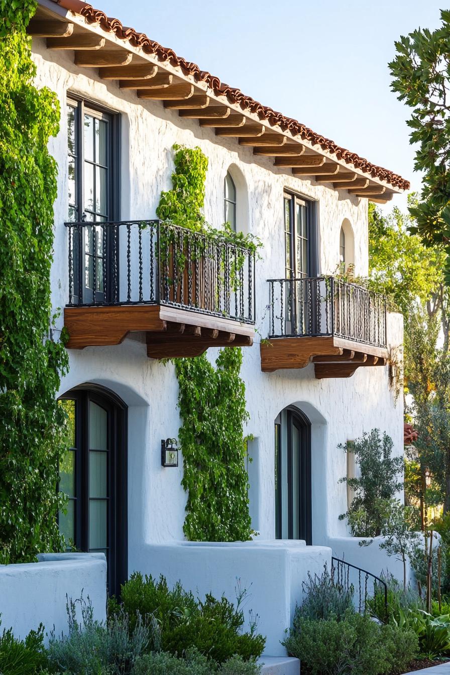 mid century modern and antique style house facade with stucco siding and wooden balconies mediterranean garden 3