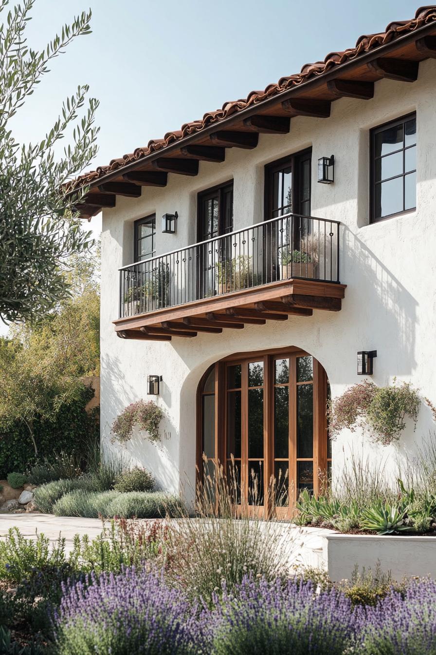 mid century modern and antique style house facade with stucco siding and wooden balconies mediterranean garden