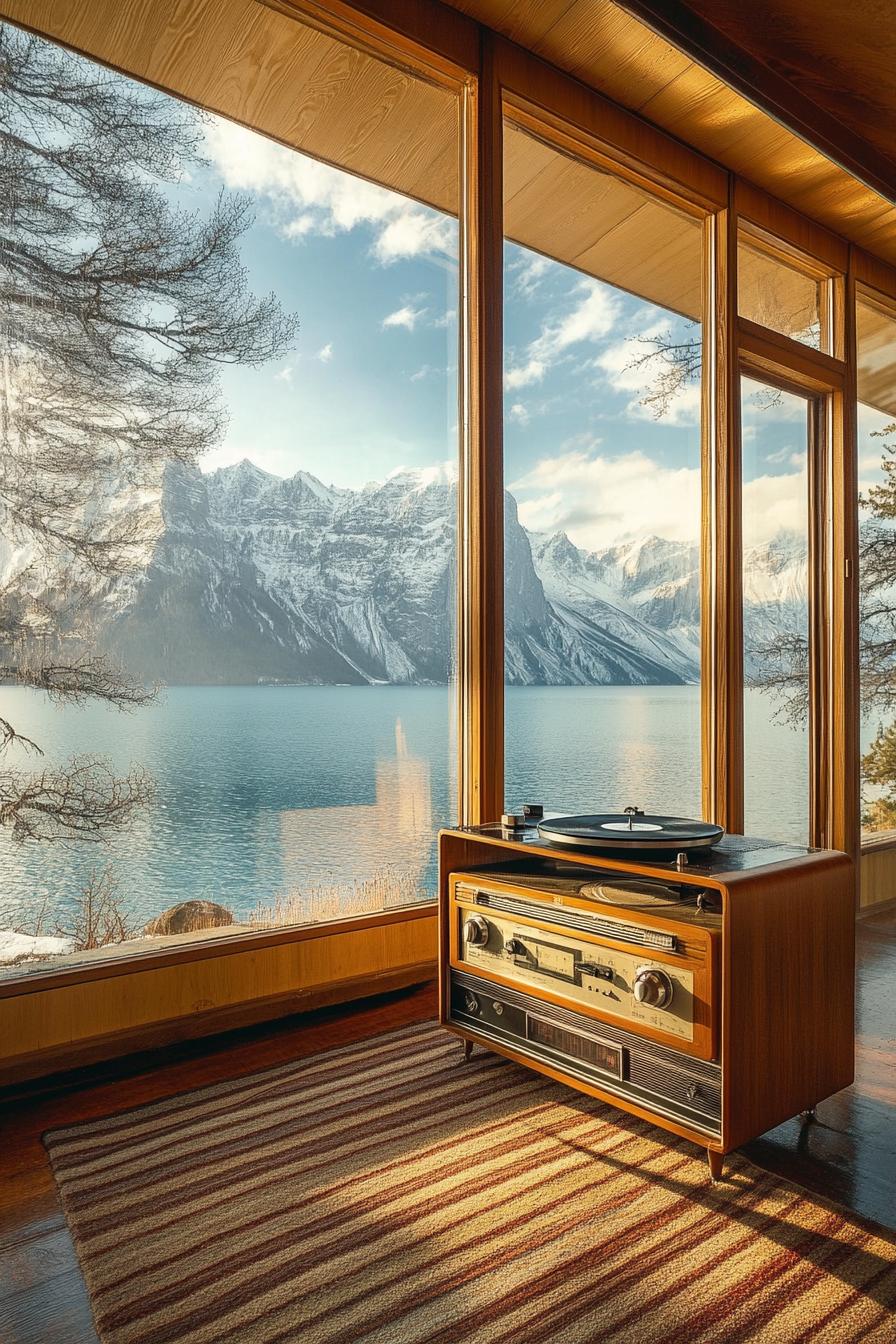 mid century modern house interior with vintage radio and record player displayed and large windows overlooking a stunning mountain lake 1