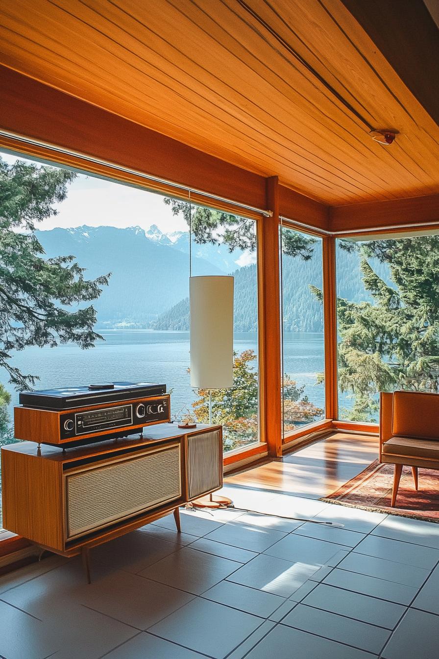 mid century modern house interior with vintage radio and record player displayed and large windows overlooking a stunning mountain lake 2