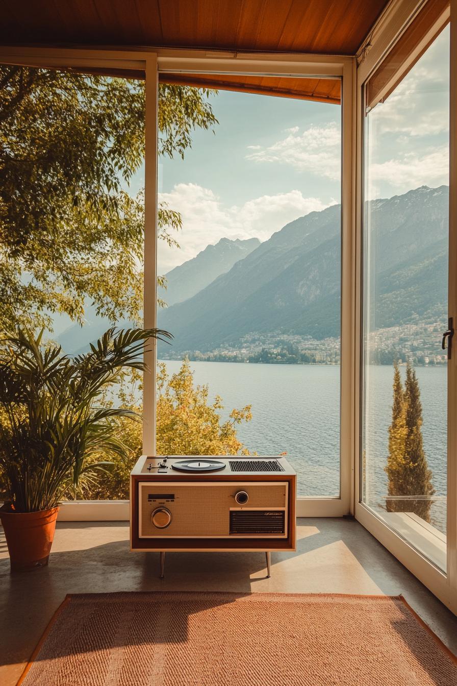 mid century modern house interior with vintage radio and record player displayed and large windows overlooking a stunning mountain lake 3