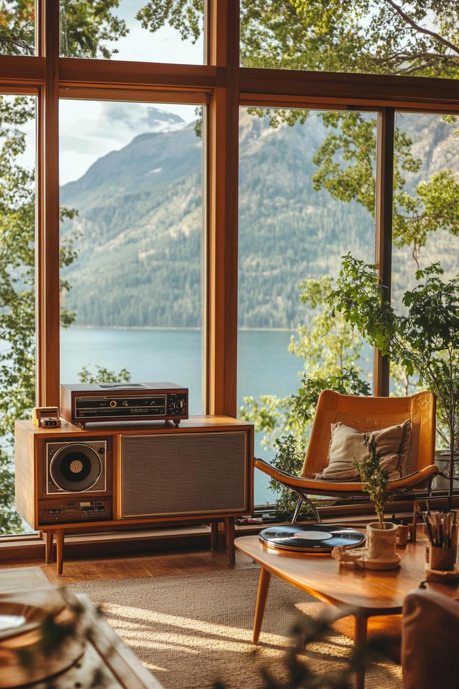 mid century modern house interior with vintage radio and record player displayed and large windows overlooking a stunning mountain lake