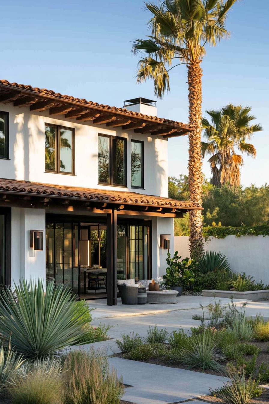 modern Californian house mediterranean style facade with exposed wood beams under roof eaves tall palms backyard 1