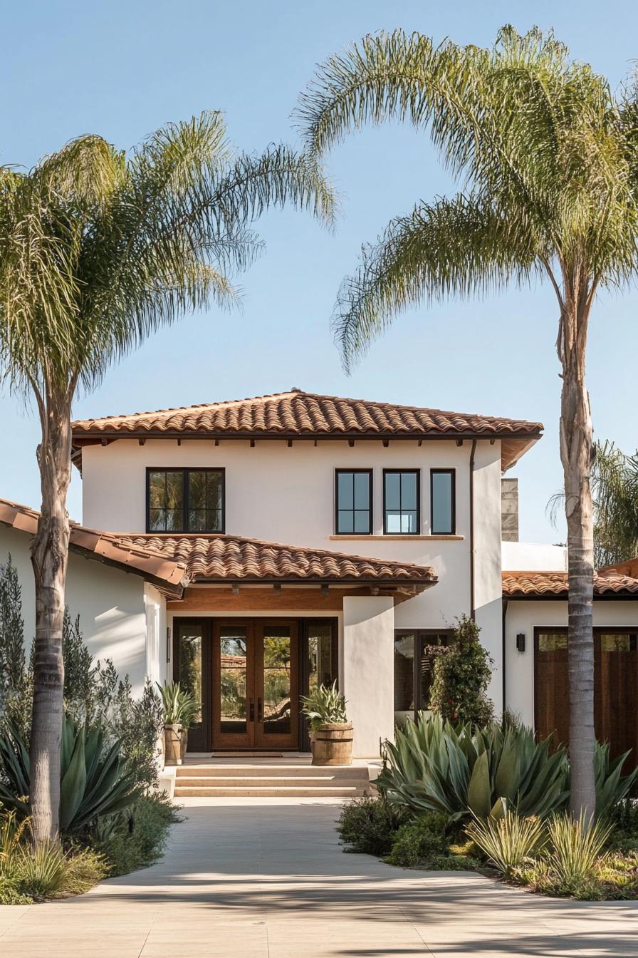 modern Californian house mediterranean style facade with exposed wood beams under roof eaves tall palms backyard 2