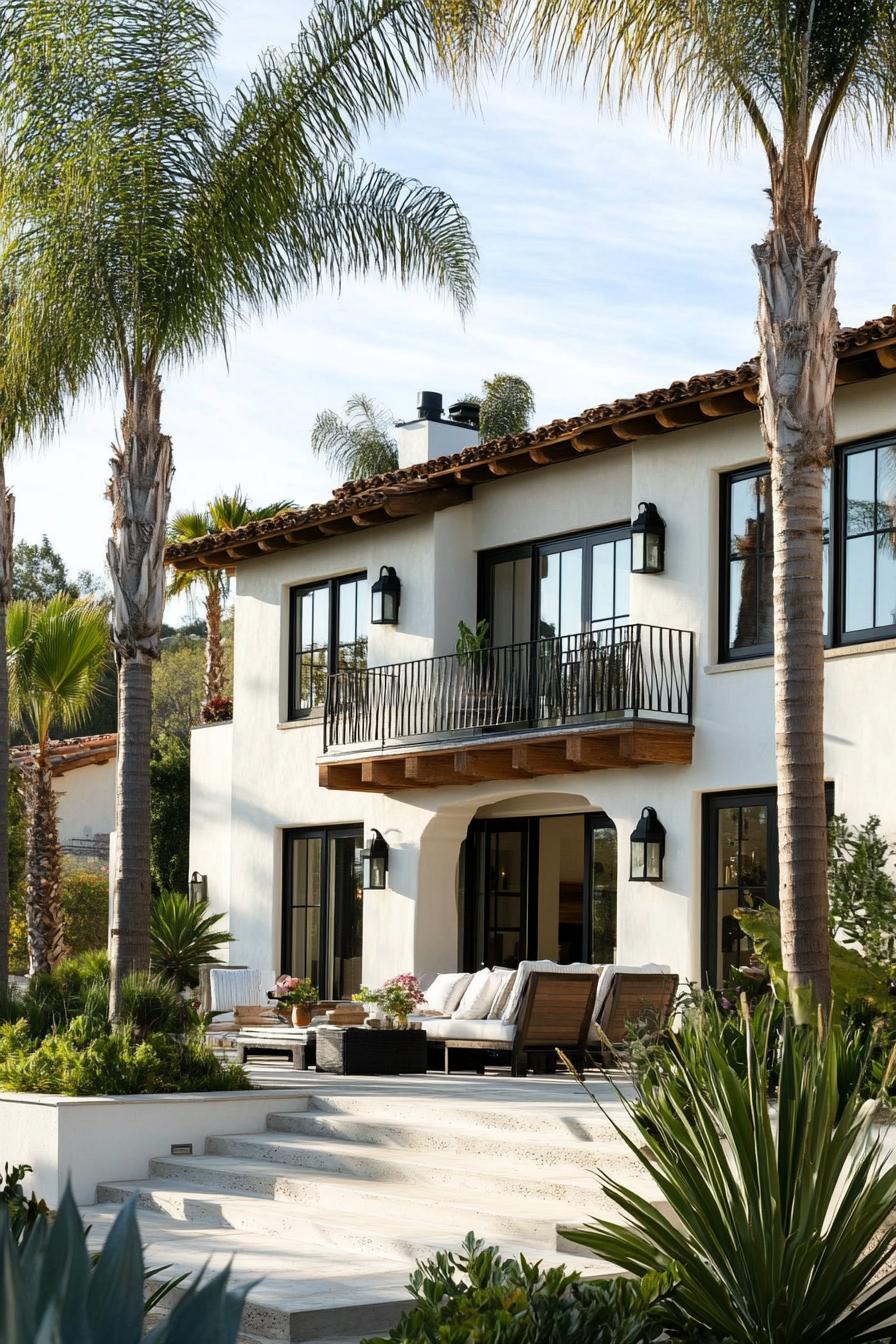 modern Californian house mediterranean style facade with exposed wood beams under roof eaves tall palms backyard 3