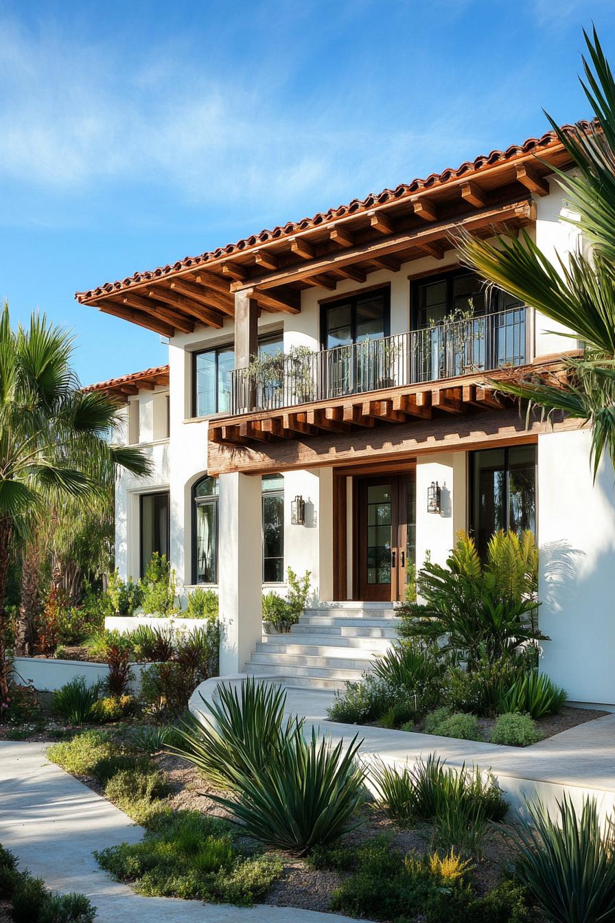 modern Californian house mediterranean style facade with exposed wood beams under roof eaves tall palms backyard