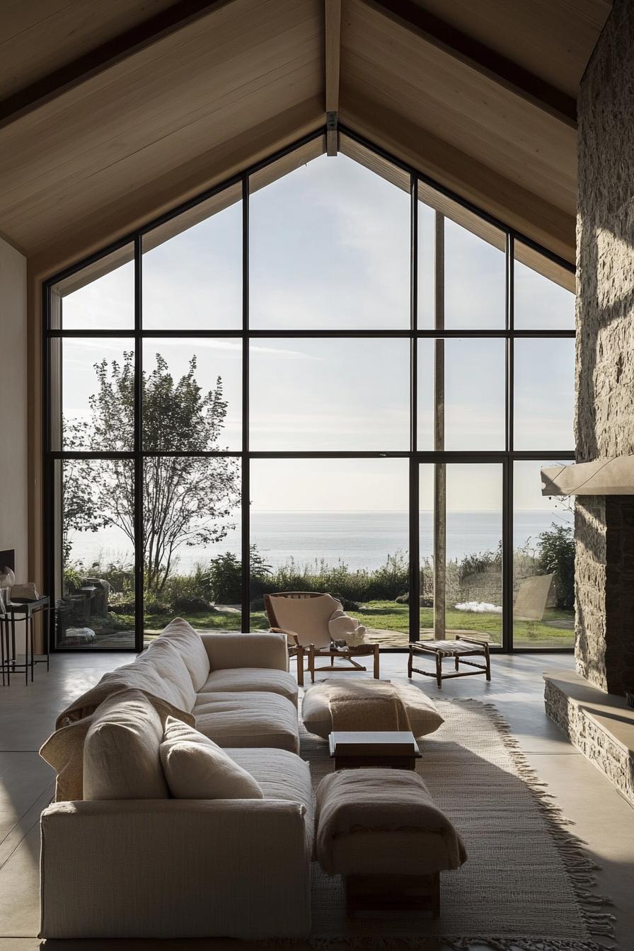 modern English cottage interior with large windows overlooking English sea shore 1