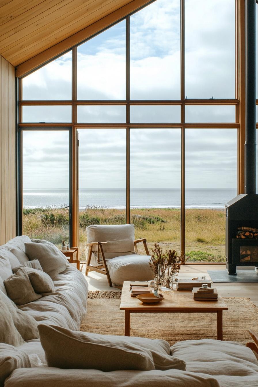 modern English cottage interior with large windows overlooking English sea shore 3