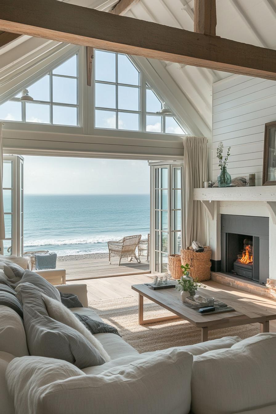 modern English cottage interior with large windows overlooking English sea shore