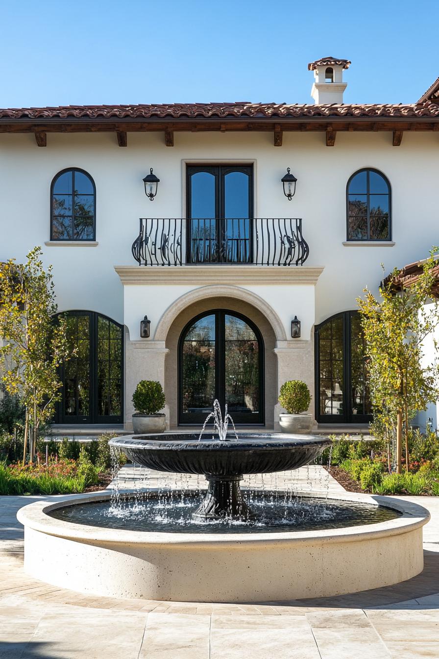 modern French mediterranean house front yard with a fountain 1