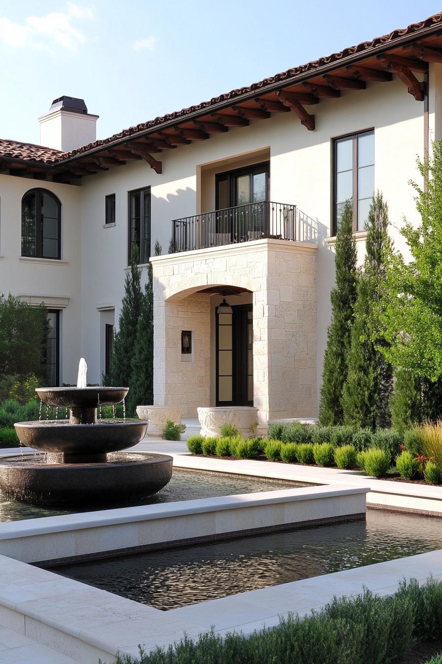 modern French mediterranean house front yard with a fountain 2