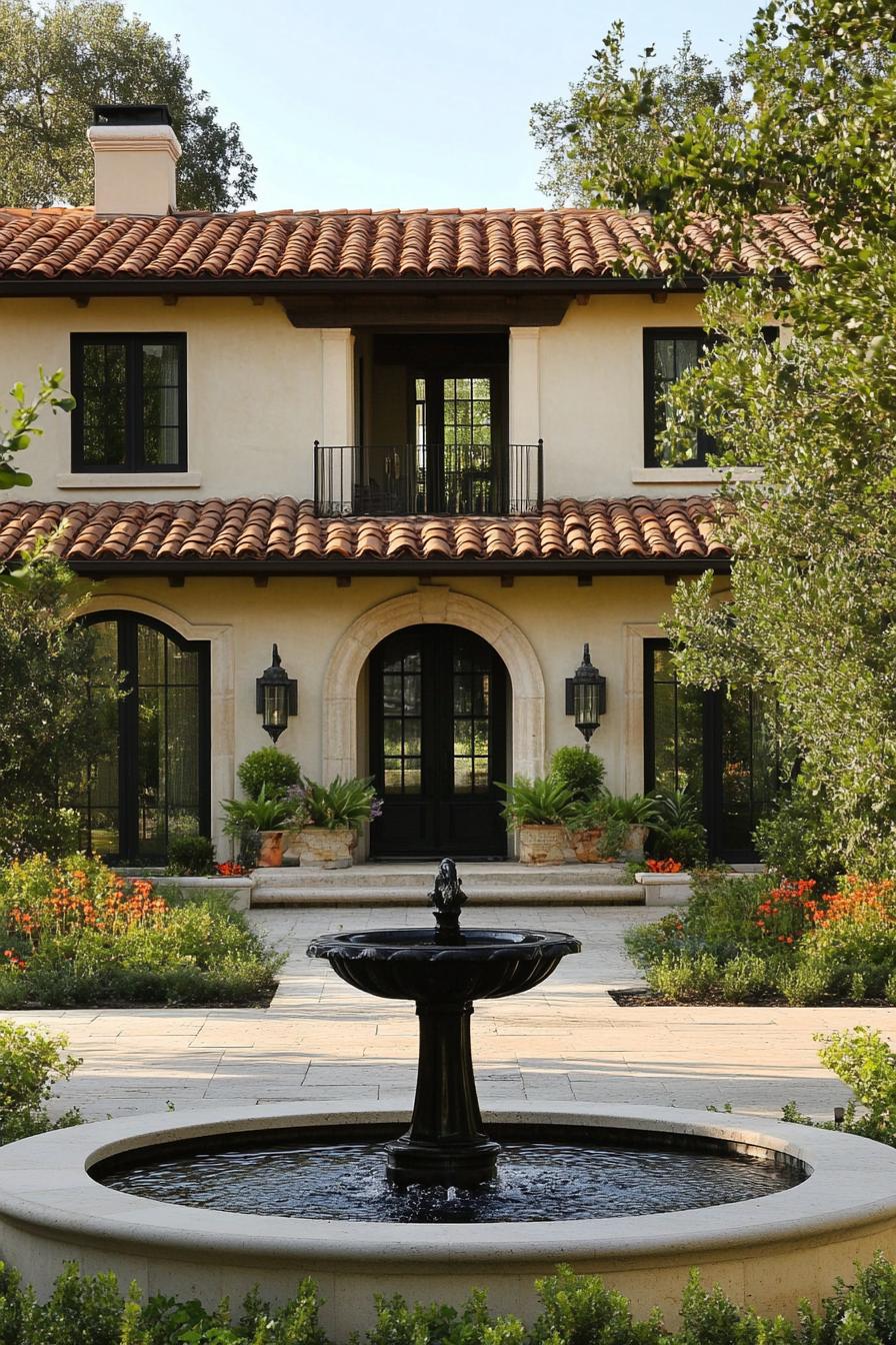 modern French mediterranean house front yard with a fountain