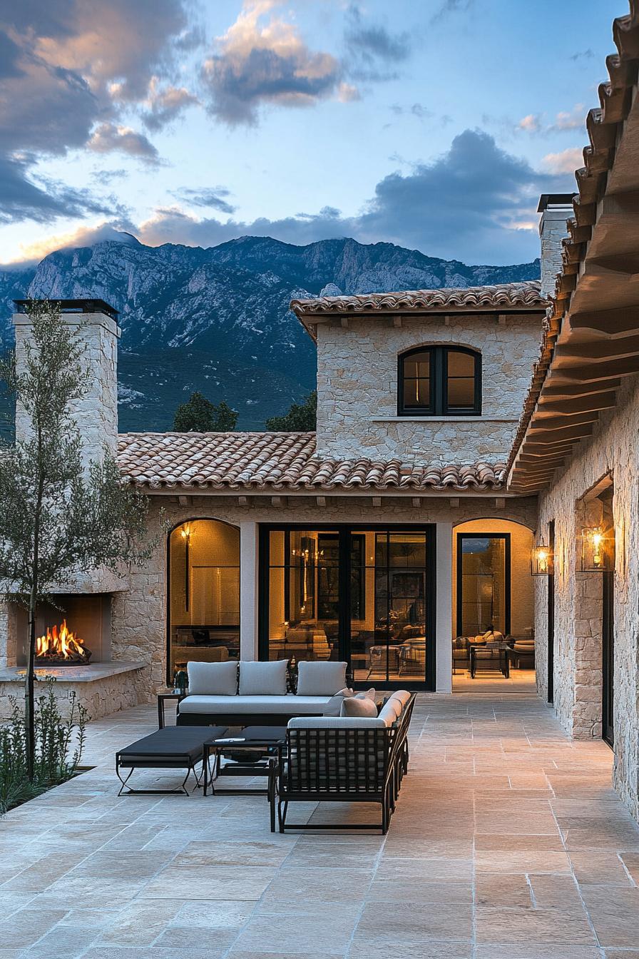 modern Italian mediterranean house courtyard with stone fireplace and lounge area stunning mountains visible 1