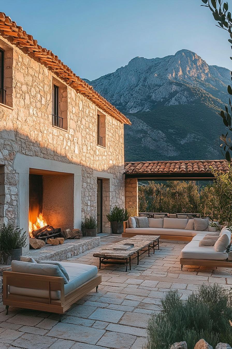 modern Italian mediterranean house courtyard with stone fireplace and lounge area stunning mountains visible 2