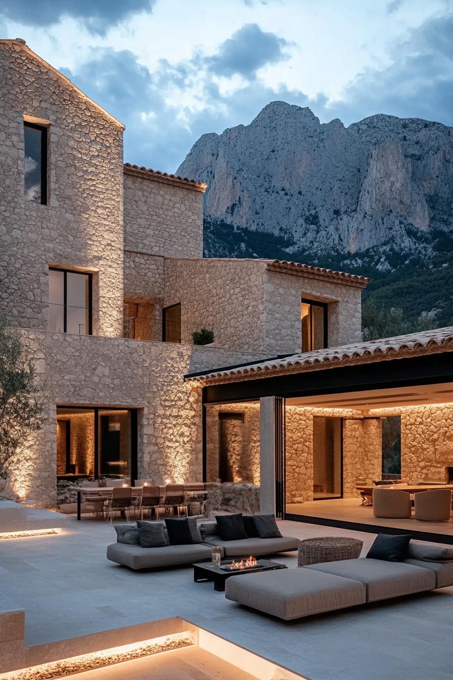 modern Italian mediterranean house courtyard with stone fireplace and lounge area stunning mountains visible