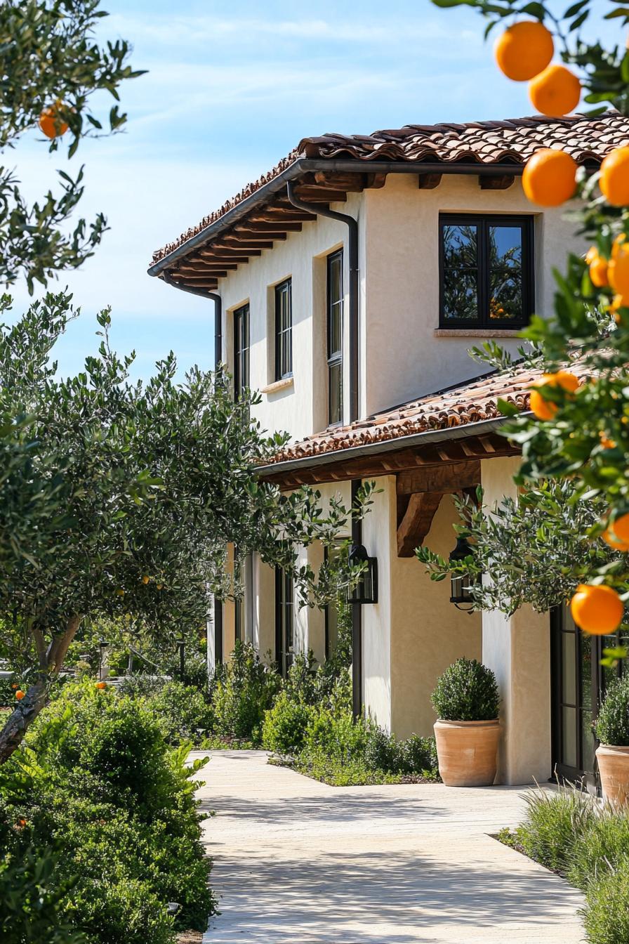 modern Tuscan mediterranean house facade with exposed wood beams on eaves orange tree lined front yard path 1