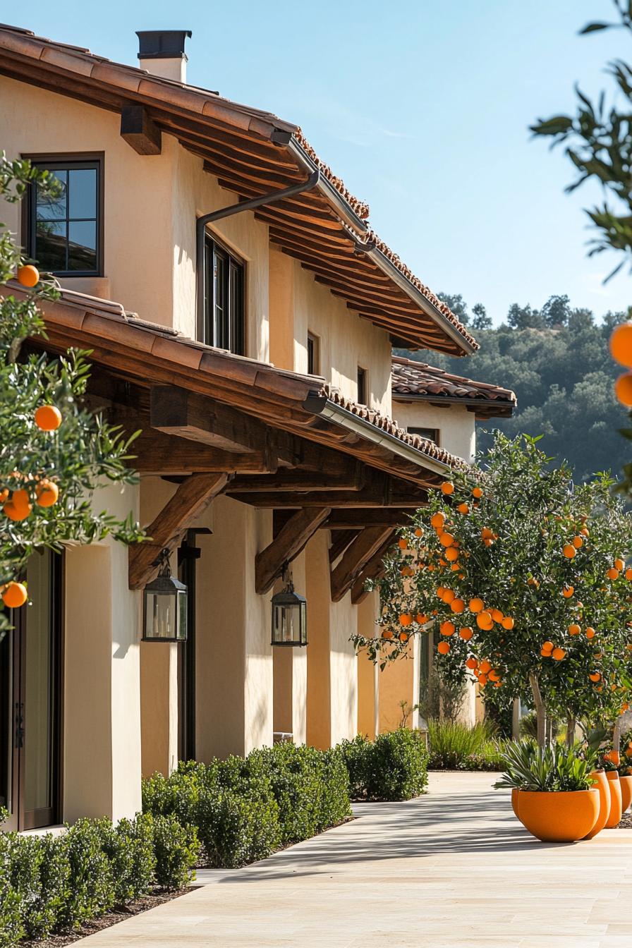 modern Tuscan mediterranean house facade with exposed wood beams on eaves orange tree lined front yard path